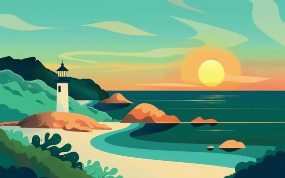 Traveling summer island landscape in flat design inspired by Cagliari, Sardinia. Sunset on seaside background with green hills, lighthouse, very beautiful sand beach