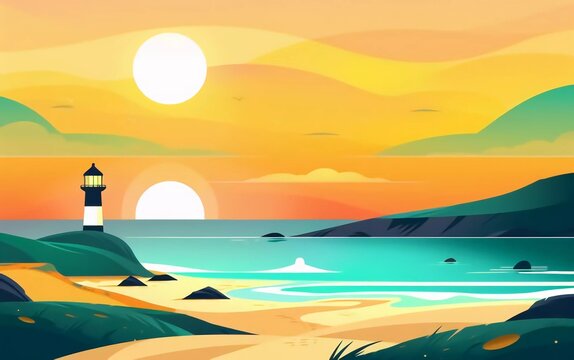 Traveling summer island landscape in flat design inspired by Cagliari, Sardinia. Sunset on seaside background with green hills, lighthouse, very beautiful sand beach