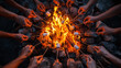 Top view of many hands holding sticks with marshmallows above an outdoor fireplace in a circle at night
