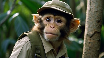 Funny Portrait of a monkey in a safari hat in the jungle