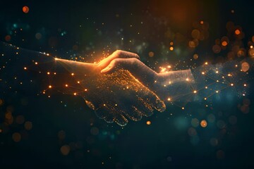 Handshake on dark background with glowing light with digital concept.