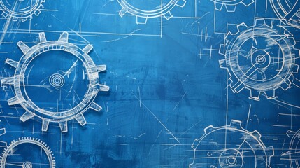 Blueprint of mechanical engineering with gears and white lines, mechanical engineering project