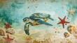 © Alpha - Whimsical watercolor featuring a sea turtle gliding over a sandy sea floor dotted with starfish and shells, a peaceful marine journey