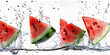 watermelon slices splashing into water against a white background, generative AI