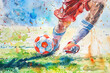 Watercolor painting soccer player in action, movement and the energy of the sport