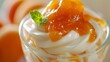 Close-up studio shot of indulgent yogurt with apricot jam, focusing on the creamy texture and vibrant jam color, ideal for print and digital advertising