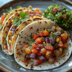 Wall Mural - a plate of tacos with roasted vegetables and ceviche on the side, served with a tangy salsa