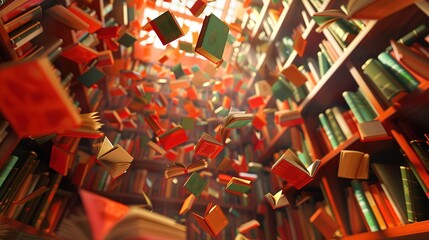 Attractive Magical library with books floating in midair octa