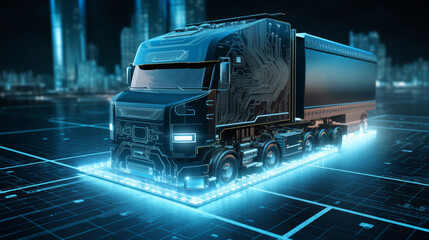 Graphic of a microchip with truck and futuristic elements, photo shot, technology development