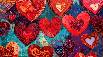 Sticker - A vibrant display of red hearts set against colorful backgrounds serves as the focal point for textile and wallpaper designs embodying the essence of both Valentine s Day and Women s Day