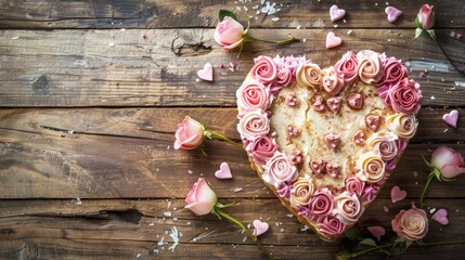 Wall Mural - Indulge in a heart shaped cake perfect for celebrating St Valentine s Day Mother s Day or a birthday Adorned with delicate roses and sweet pink sugar hearts this delectable treat sits beaut