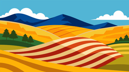 Wall Mural - Against a backdrop of rolling hills and golden fields the American flag waves boldly in defiance a testament to the countrys resilience and strength.. Vector illustration