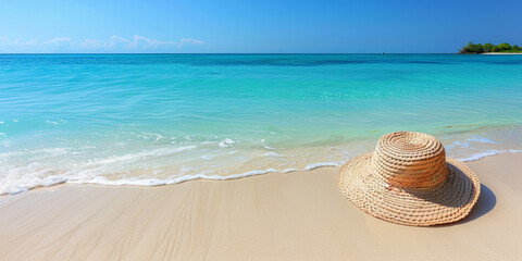 Wall Mural - A straw hat is laying on the sand at the beach