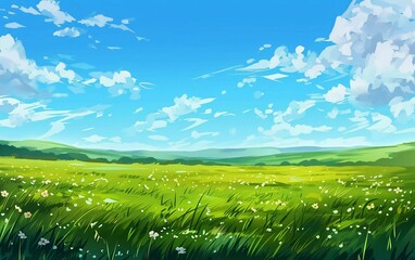 Spring summer background - landscape view of green meadow with blue sky