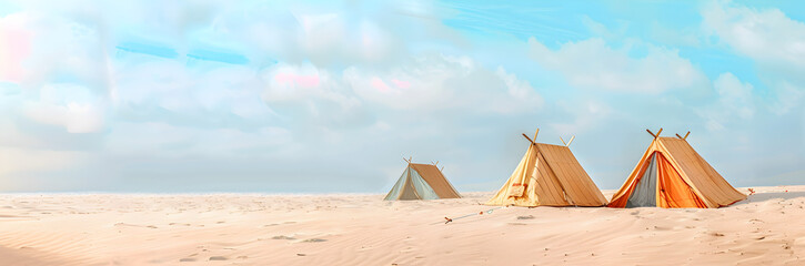 Wall Mural - Sandy beach tent stakes web banner. Beach tent stakes isolated on sandy background with copy space.