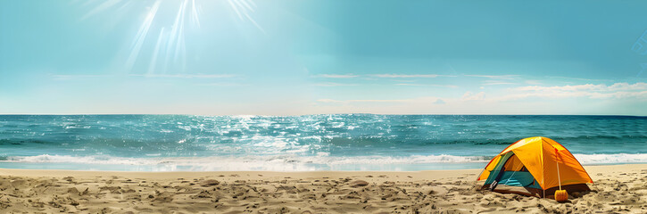 Wall Mural - Ocean view beach tent stakes web banner. Beach tent stakes isolated on ocean background with copy space.