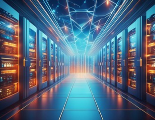 Wall Mural - A 3D render of a computer data center.