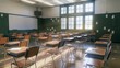 Empty Classroom with Scattered Notes Signaling End of Semester