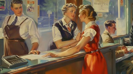 Wall Mural - Bank Teller Interactions: Engaging Illustration of Professional Environment