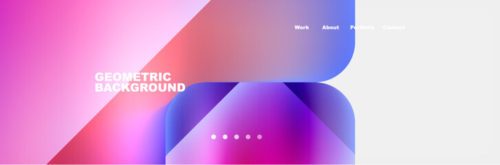 Poster - A vibrant abstract background featuring geometric shapes such as rectangles, triangles, circles in purple, violet, electric blue, and magenta. Symmetrical design with white space and modern font