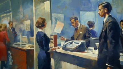 Wall Mural - Bank Teller's Engagement: Illustration of Interacting with Customers in a Bank