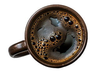 Wall Mural - Top view of isolated mug with hot black coffee with foam on transparent cutout PNG background