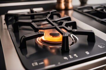 'kitchen gas cooker burning fire propane burner stove blue natural glow burn flames oven heat fuel blaze power glowing black dark energy range danger heating hot hob photo warm on combust horizontal'