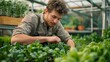 A young male farmer is checking the quality of his basil plants in a greenhouse.
