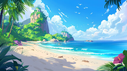 beautiful beach scene in cartoon style