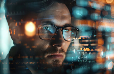 Wall Mural - A portrait of an IT professional with glasses, sitting in front of his computer screen surrounded by code and digital data.