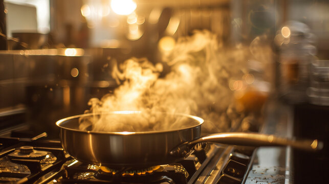 Stainless steel pan on induction cooker with steam rising and warm kitchen lights, Ai generated Images