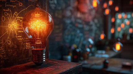 Wall Mural - A light bulb is lit up in a room with a chalkboard on the wall