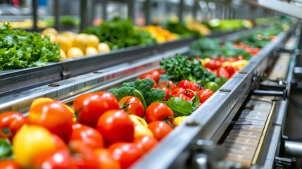 Wall Mural - Overhead view of a food processing plant, with conveyor belts transporting fresh produce ready for packaging, showcasing the efficiency of modern agribusiness