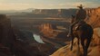 Cowboy on horseback gazes over canyon at sunset. Stetson hat, leather gloves. American Southwest cinematic feel