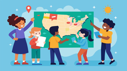 Wall Mural - A group of children huddle around a large interactive map pointing out the different cities and landmarks that played a crucial role in the fight for. Vector illustration