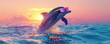 © Siasart Studio - Neon sunglasses dolphin leaps from a crystal-clear ocean at sunset. Summer fun. 3D rendering.