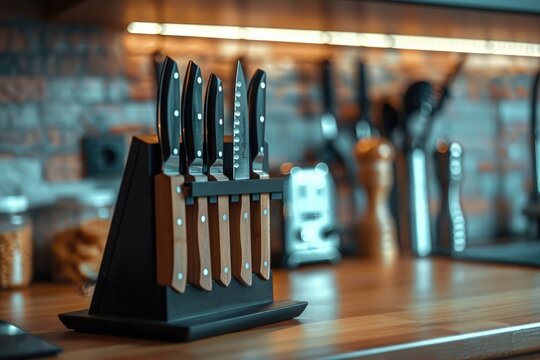 a set of knife in a knife stand in kitchen
