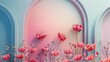 abstract pink background featuring a minimalist and modern arch adorned with flowers