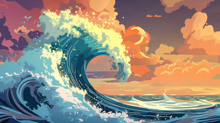 tsunami waves in cartoon style