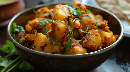 Wall Mural - Delicious Aloo Gobi: Traditional Indian Cauliflower and Potato Curry Dish on Rustic Table