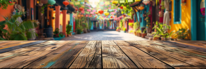 Poster - A blank rustic wooden table top with a colorful background of a blurred mexican street scene