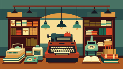 Wall Mural - An antique shop with an impressive display of vintage typewriters bringing back memories for seasoned writers.. Vector illustration