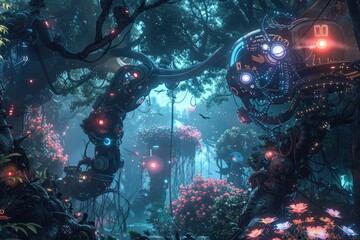 fantasy forest with flowers and trees in neon light