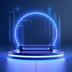 Wall Mural - Abstract blue cylinder pedestal podium. Sci-fi blue abstract room with circle and balls glowing neon lamp lighting. rendering 3d shape, Product display mockup. Futuristic scene. Generative Ai