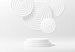 3D white product podium background with floating overlay radial circles. Abstract composition in minimal design. 3D studio showroom product pedestal, Fashion showcase mockup scene. 3D Banner cosmetic.