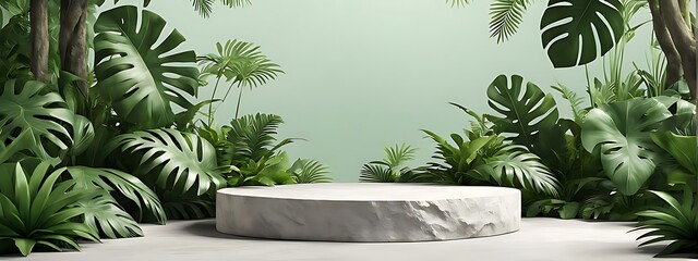  Podium background product green nature 3D forest stand white plant. Cosmetic background product podium display wood jungle studio garden beauty platform presentation mockup pedestal stone tropical 