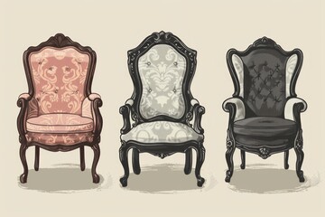 Three chairs with different colors and designs