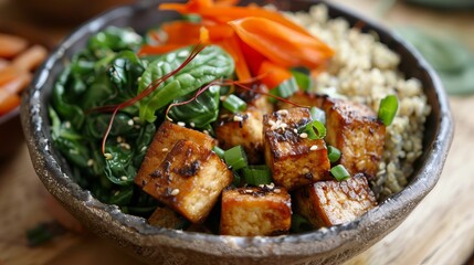 Wall Mural - Tempting Homemade Quinoa Tofu Bowl with Fresh Avocado and Colorful Veggies, Vegan Delight