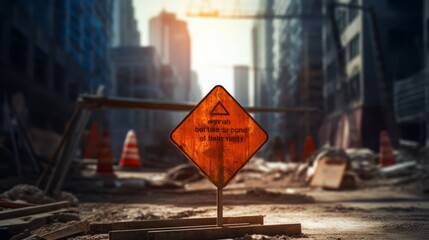 Construction sign with a warning message, with active work in the blurred background,