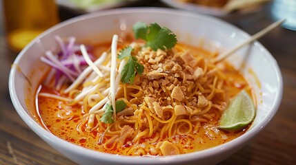 Wall Mural - Authentic Khao Soi: Vibrant Coconut Noodle Soup, a Taste of Thailand's Culinary Delight